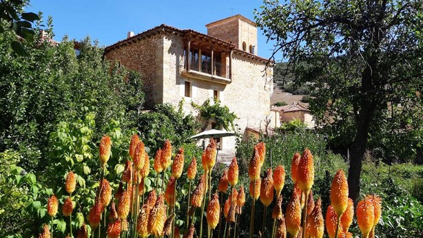 Edifici de pedra amb un balcó, envoltat de vegetació exuberant i plantes florentes.