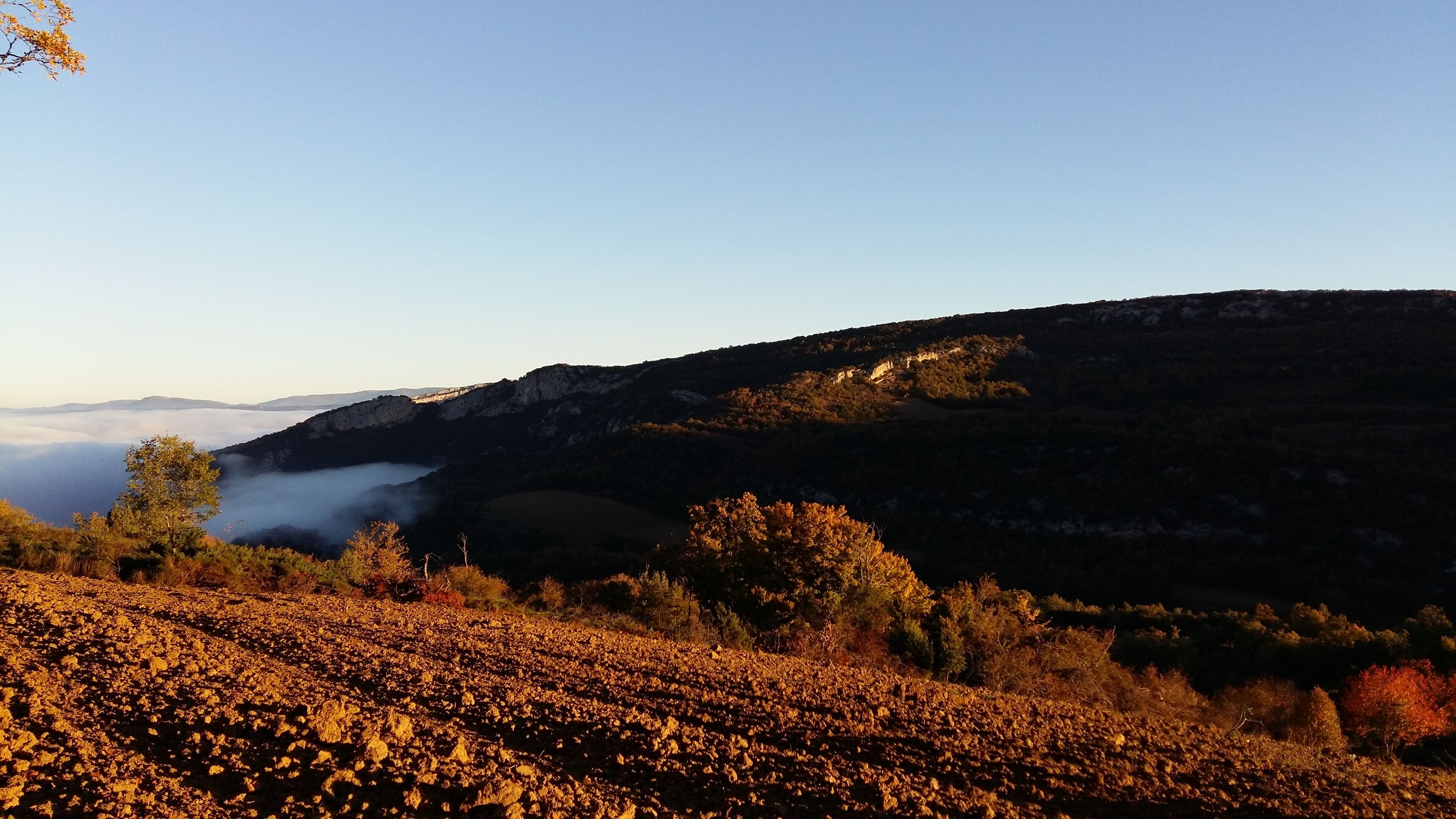 A mountainous landscape with autumn foliage and a clear sky.