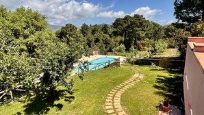 A backyard with a swimming pool, a curved brick pathway, and surrounding greenery. - Apt. Sera & Mattino - SERAMATTINO B (Capoliveri)
