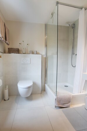 Douche, sèche-cheveux, serviettes fournies, savon