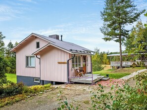 A single-story house with a porch, a small deck, and a sign indicating 'Villa 3B'. - Villa ebba by Interhome (Sysmä)