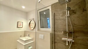 Shower, hair dryer, towels, soap