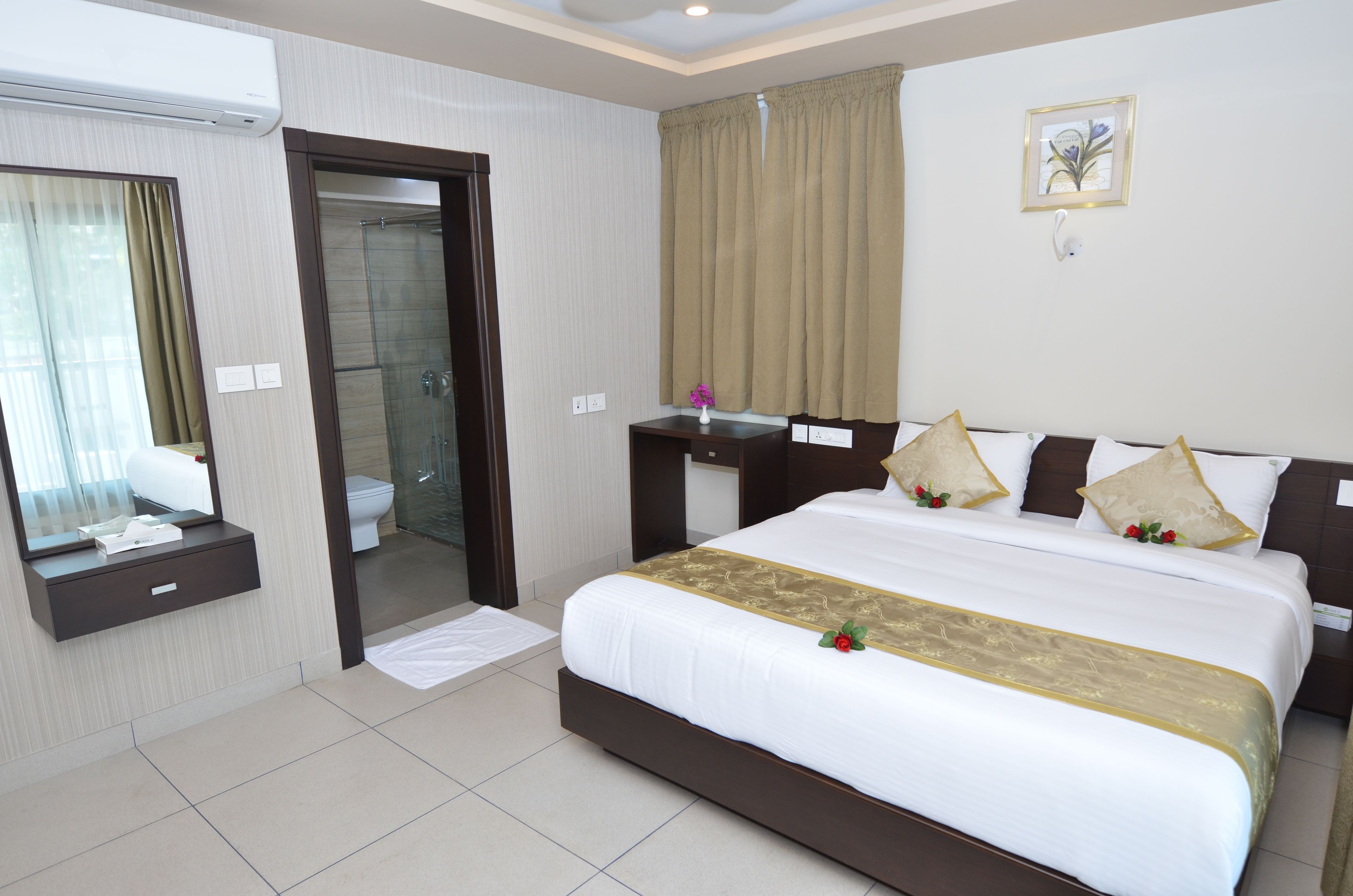 premium bedding, desk, laptop workspace, blackout curtains