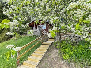 Una scala di legno conduce a una baita circondata da fiori bianchi e vegetazione.