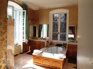 Combined shower/tub, jetted tub, hair dryer, toilet paper