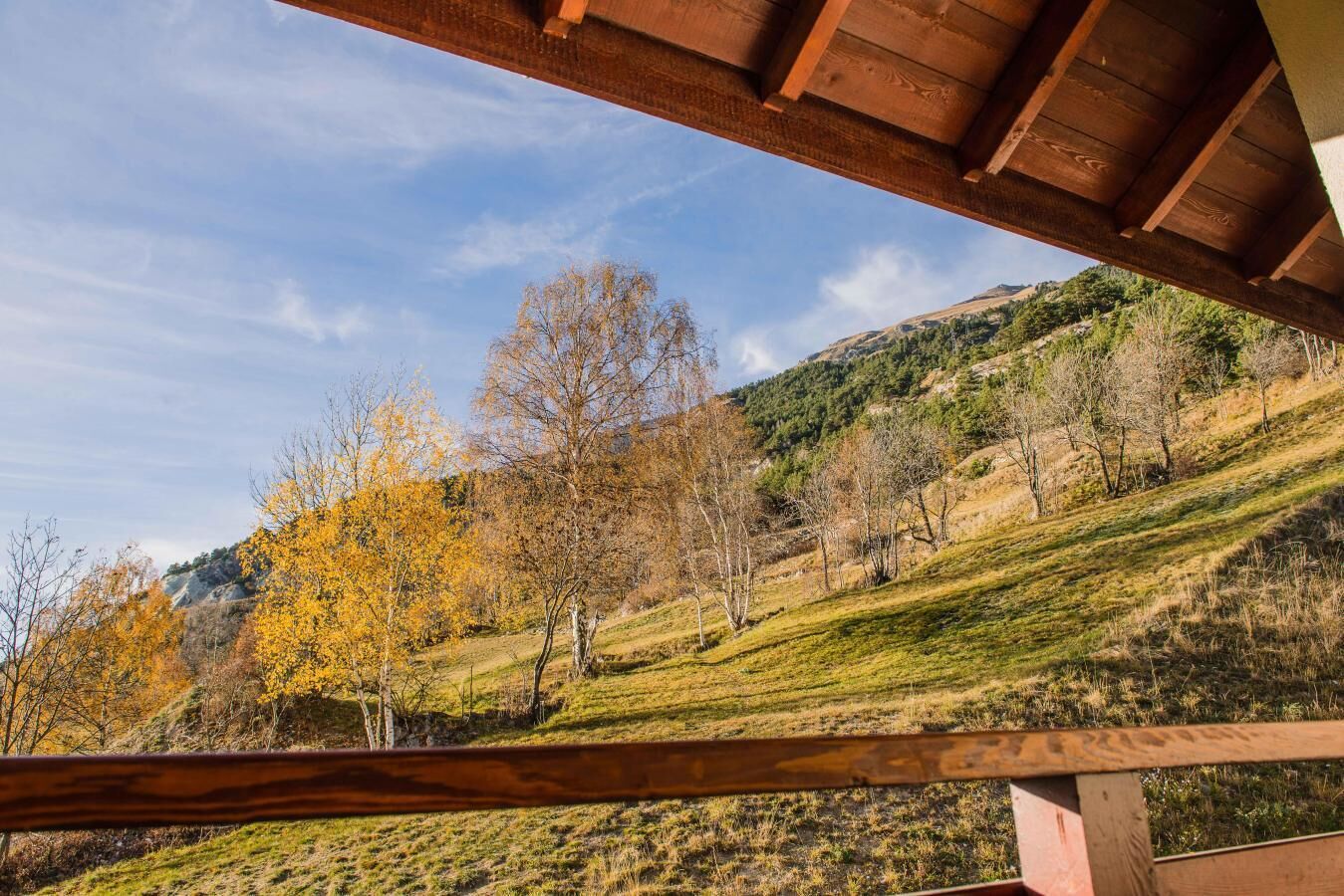 A view from a wooden balcony overlooking a hillside with autumn-colored trees and a clear sky.