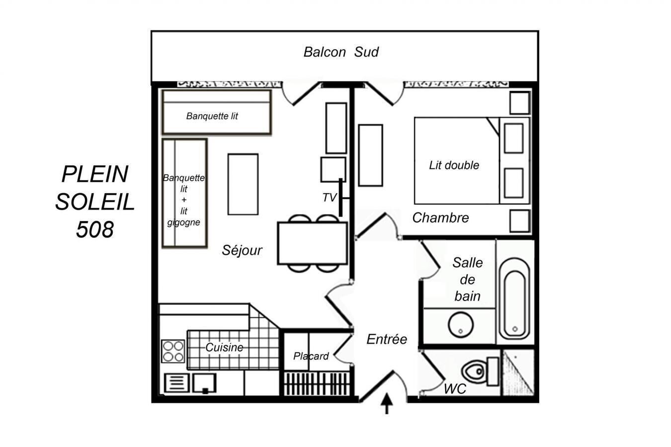 Plano de un cuarto de hotel identificado como 'PLEIN SOLEIL 508', con balcón, sala de estar, comedor, recámara y baño.