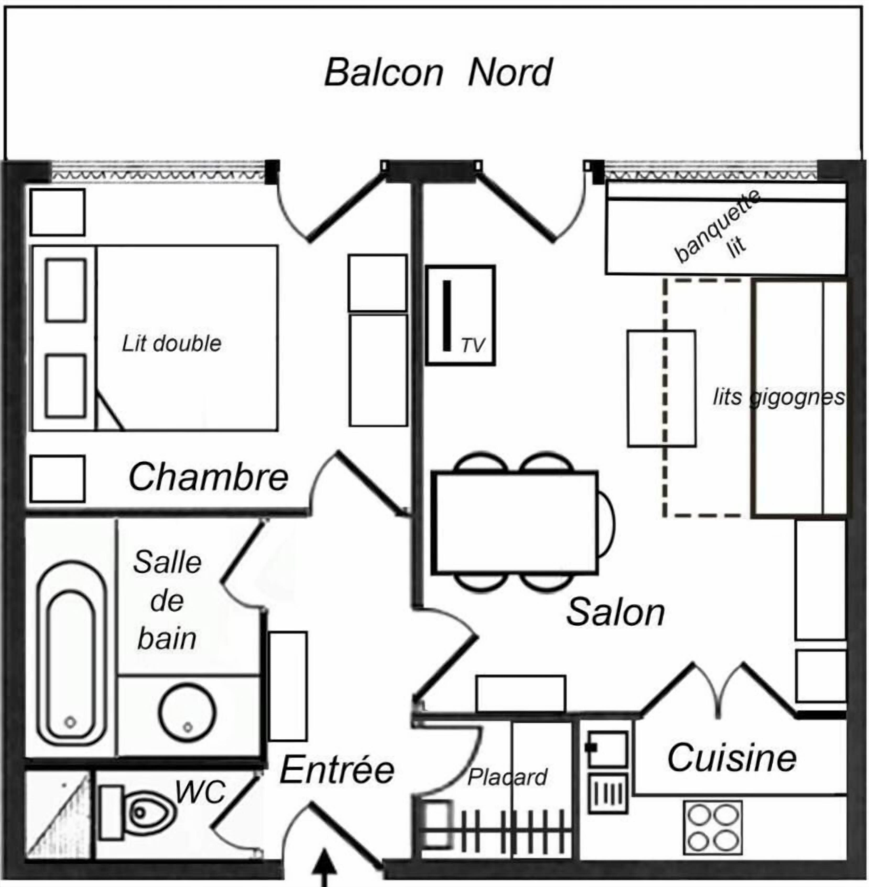 Plan d’un étage d’hôtel comprenant un balcon, une chambre double, une télévision, une salle de bain, une douche, des toilettes, une entrée, un coin repas et une cuisine.