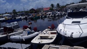 Un port de plaisance où sont amarrés différents types de bateaux, notamment un yacht blanc et de plus petits bateaux à moteur.