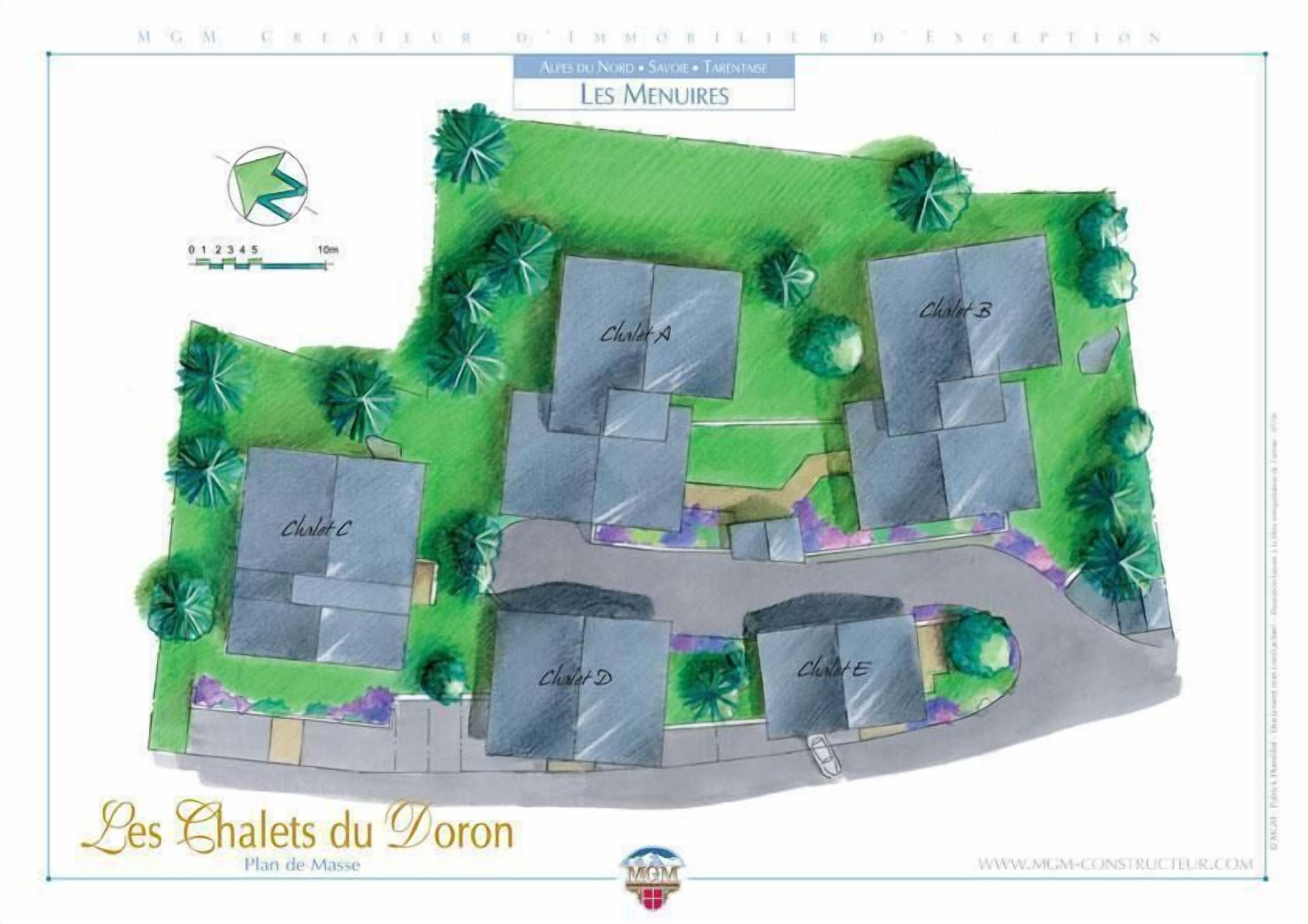 Un plan des niveaux de la station de Les Menuires, indiquant plusieurs chalets identifiés de A à E, entourés d’espaces verts et de sentiers.