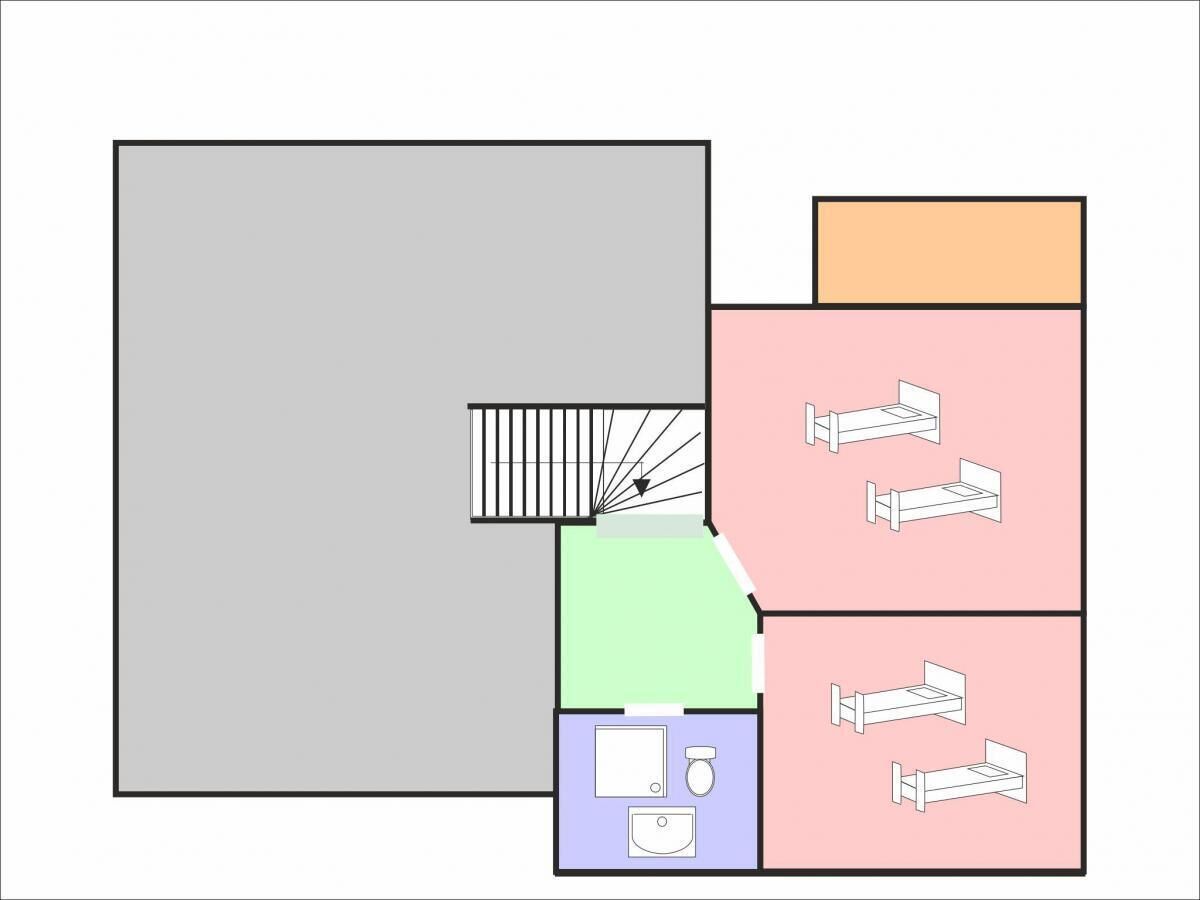 A hotel layout with a large central area, a staircase leading to upper floors, and multiple rooms with beds.