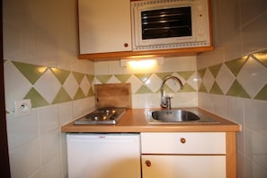 A compact kitchen with a Bosch dishwasher, a microwave, and a sink.
