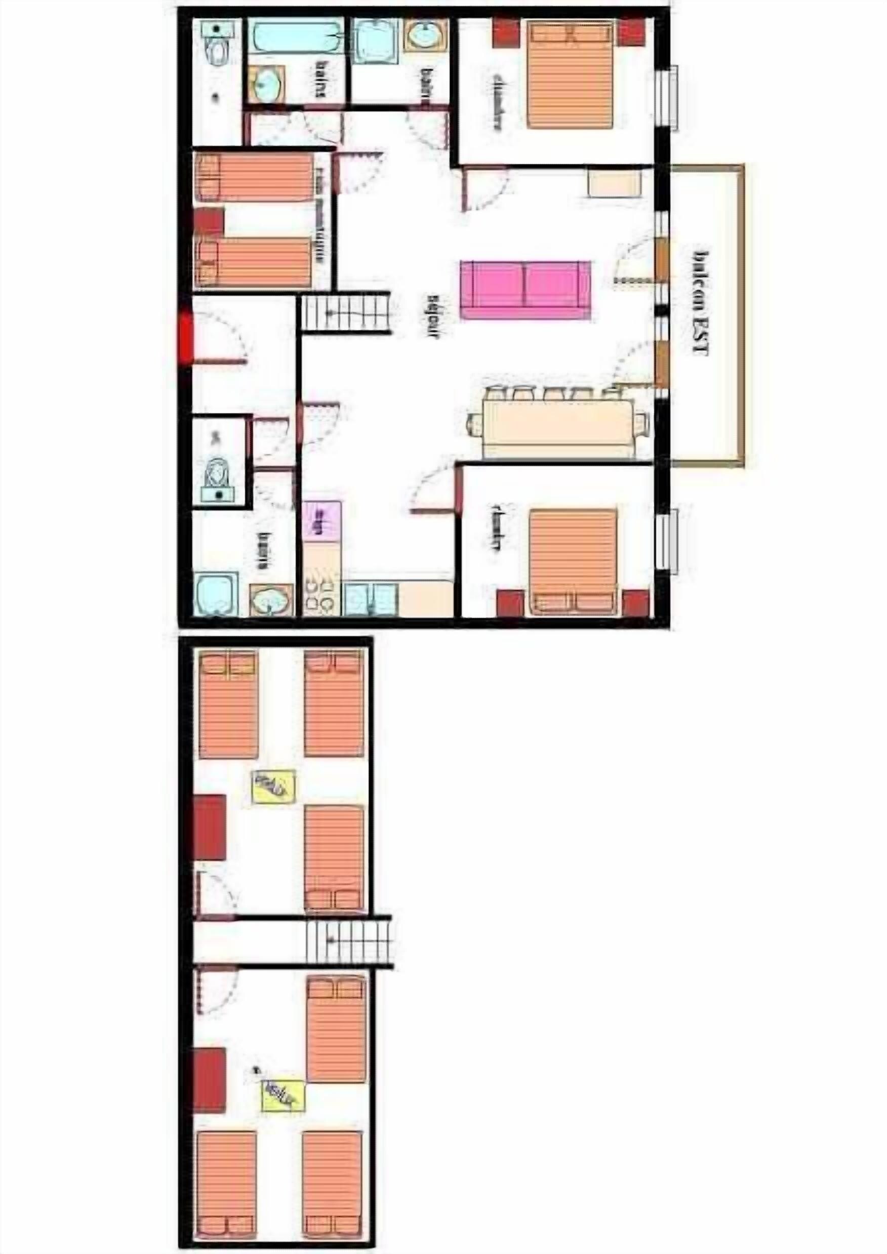 A hotel layout with multiple bedrooms, a dining area, a kitchen, and a bathroom.