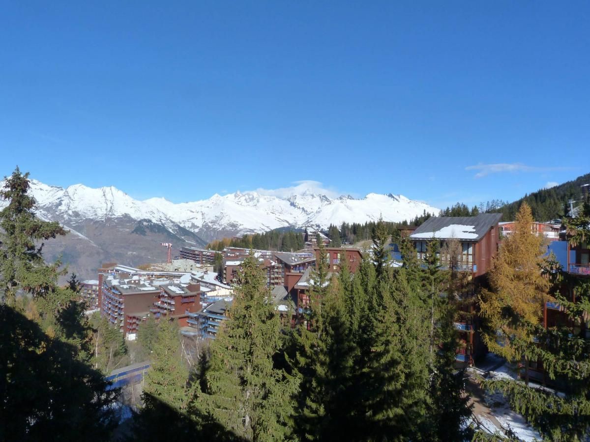 A mountain town with snow-capped peaks in the background, surrounded by dense forest.