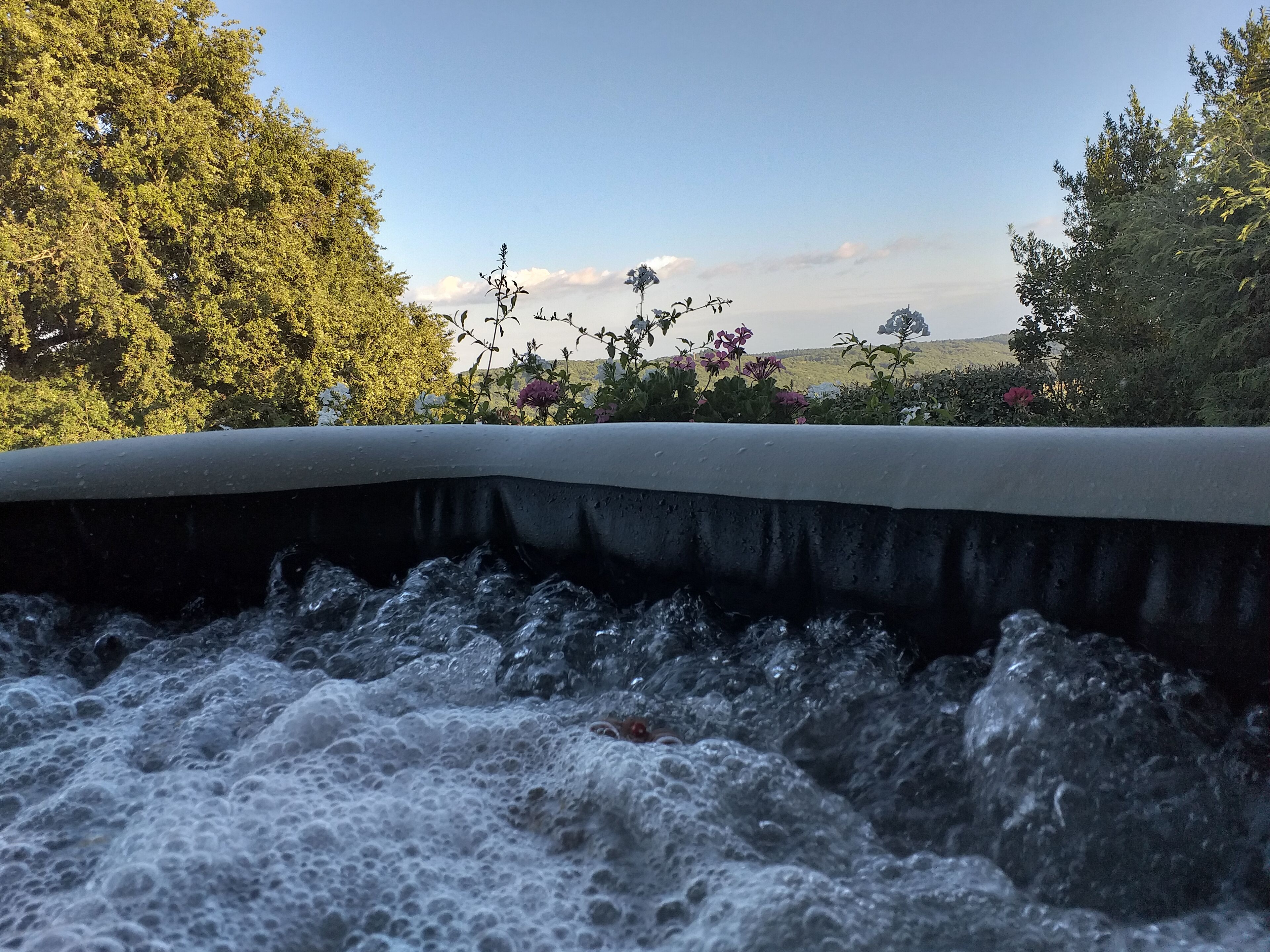 A hot tub with water flowing over a concrete edge, surrounded by lush greenery and flowers.