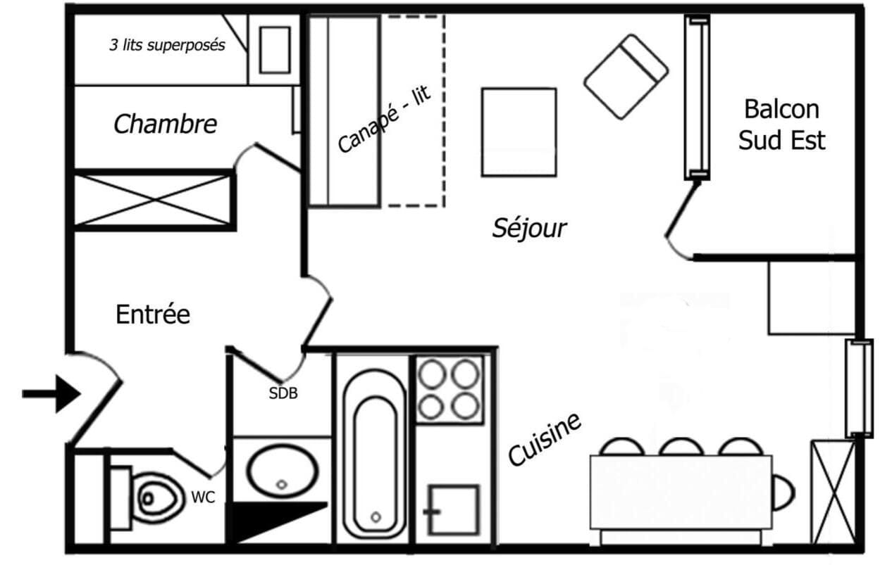 A floor plan with a living room, kitchen, bathroom, and balcony.