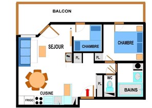 Enjoy a spacious living area adjacent to a balcony, a dining area with a round table, and two bedrooms with separate bathrooms.