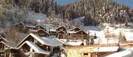 A row of wooden cabins with snow-covered roofs, set against a backdrop of a snowy mountain.