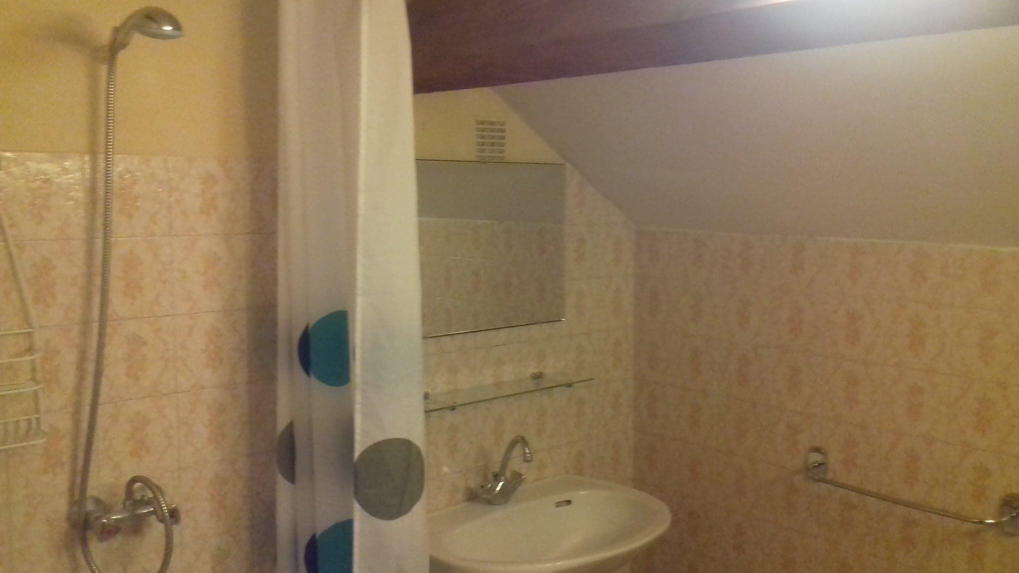 Combined shower/tub, hair dryer, towels, soap