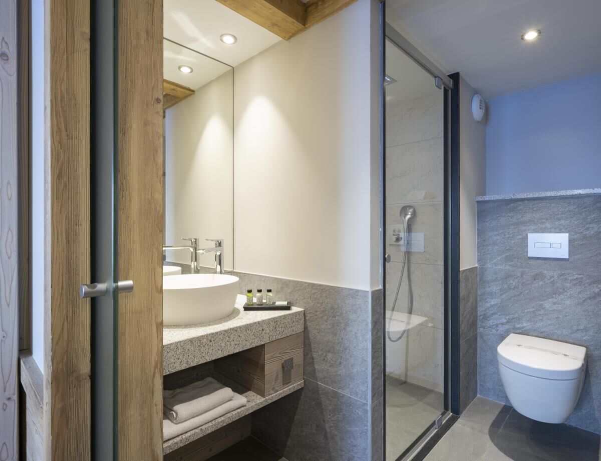 A modern bathroom with a glass shower enclosure, a white sink, and a toilet.