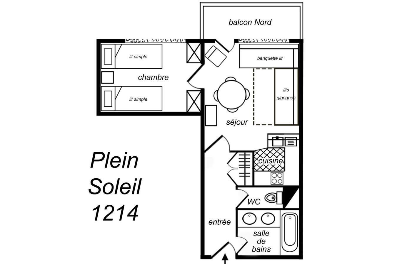 A floor plan of a maison named Plein Soleil 1214, including a living room, two bedrooms, a balcony, a kitchen, WC, and a bathroom.