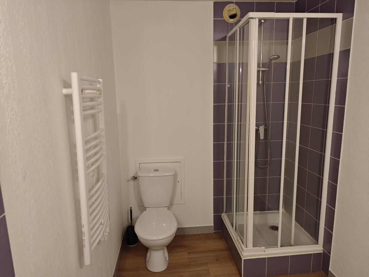 A small bathroom with a toilet, a shower enclosure, and a towel rack.