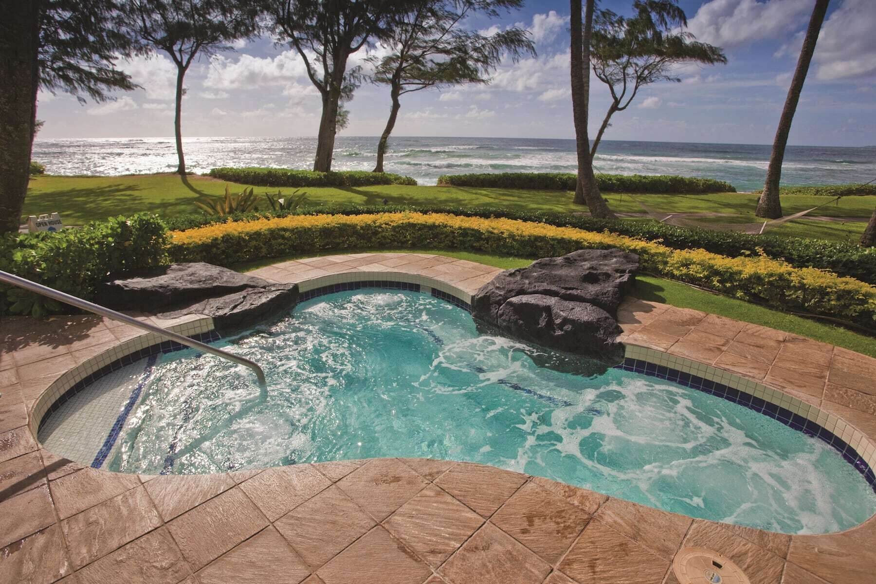 Una piscina con vista al océano, rodeada de jardines y palmeras.
