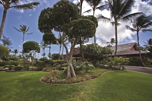A tropical garden with a well-maintained lawn, a variety of trees including palm trees, and a building with a red roof in the background. - 1 BedRm Suite at Kapa'a Oceanfront Resort (Kapaʻa)