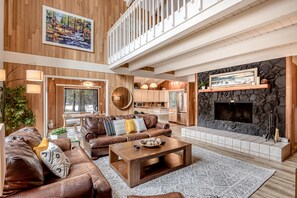 TV, fireplace, books