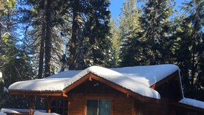 A wooden cabin with a snow-covered roof, surrounded by tall pine trees. - Cozy and comfortable wooded cabin (Alta)