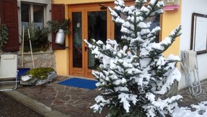 Un arbre à feuilles persistantes recouvert de neige se dresse devant un bâtiment dont l’entrée est pavée de pierres et surmontée d’un paillasson bleu.