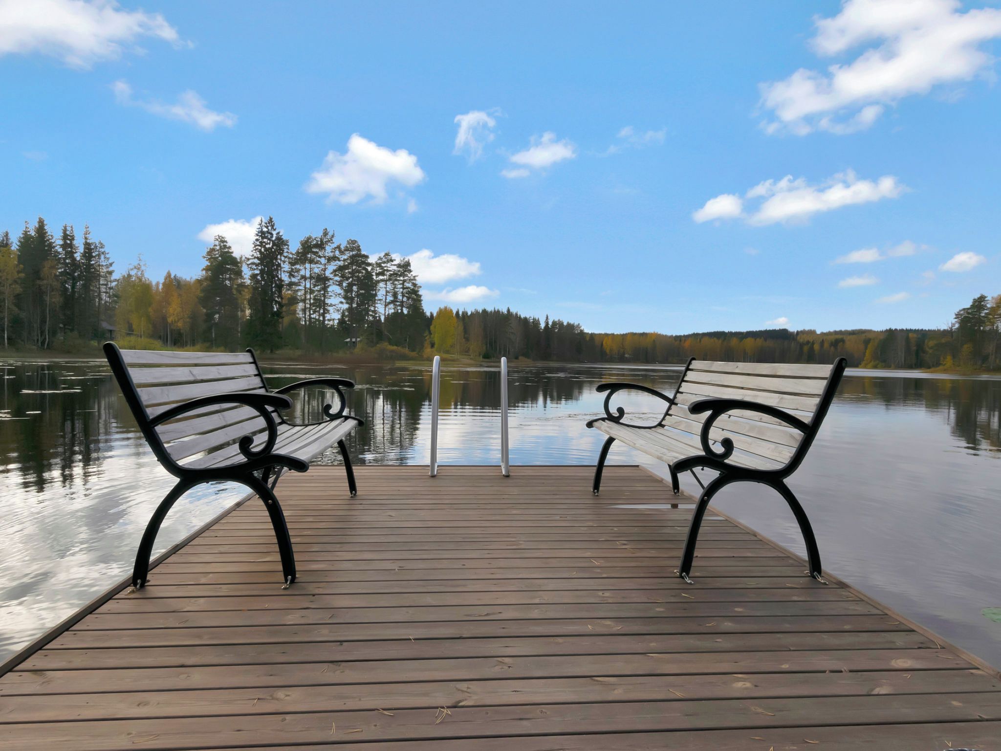A wooden deck with two benches facing a calm lake, surrounded by trees and a clear sky.