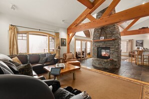 TV, caminetto, lettore DVD, libri