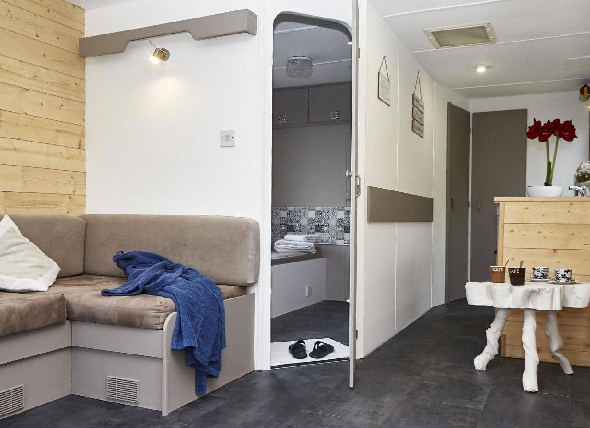 A compact living space with a sofa, a small table with cups, and a bathroom with a shower.