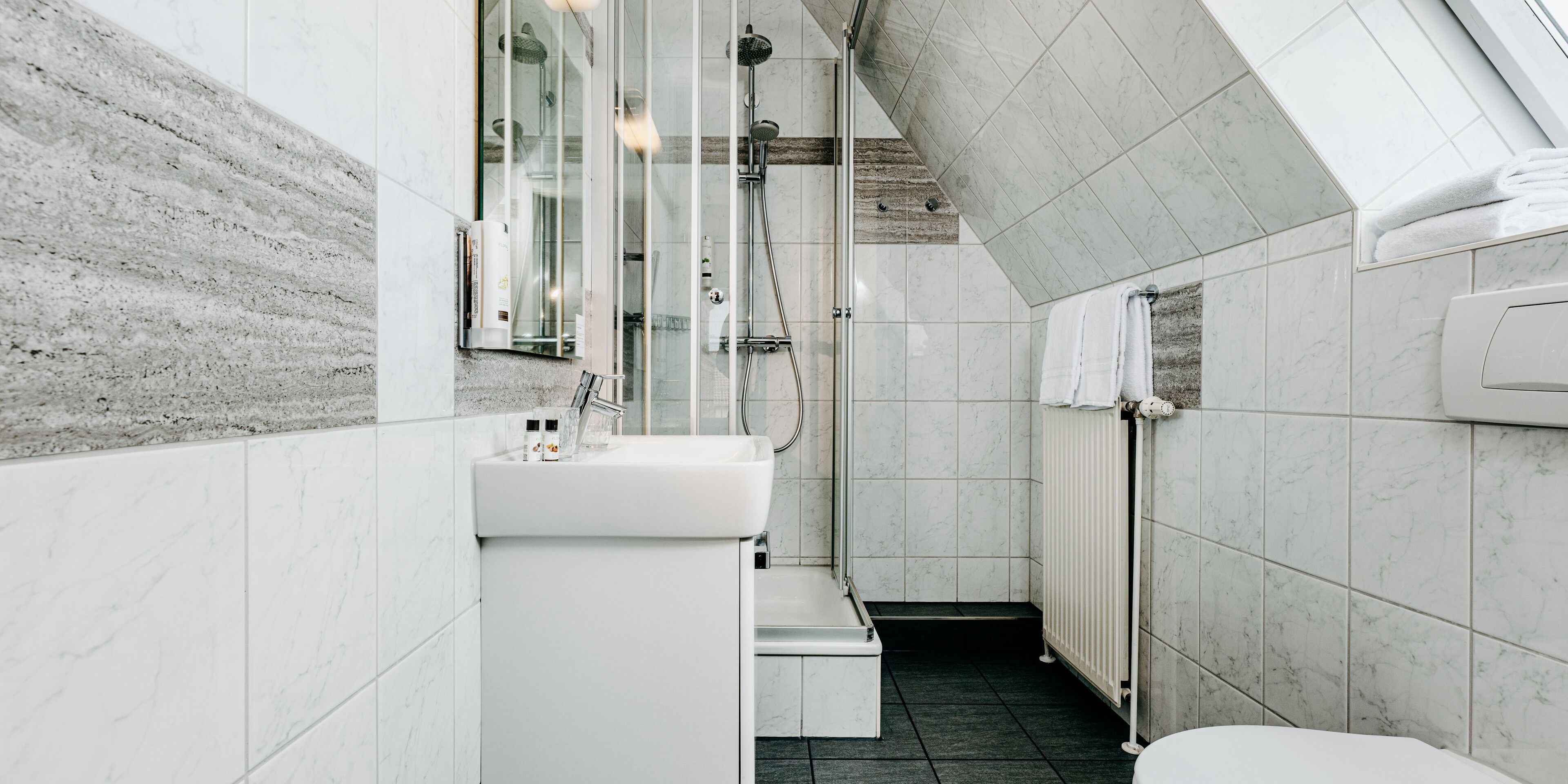 A modern bathroom with a glass-enclosed shower, a white sink, and a toilet.