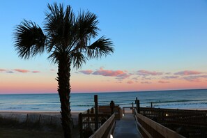 Ein hölzerner Steg führt zu einem Strand, im Hintergrund ein Palmenbaum und ein Sonnenuntergang.