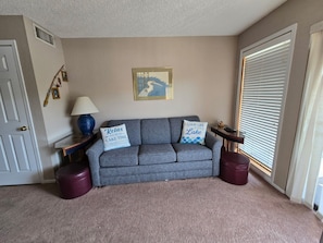 A living room with a gray sofa, two decorative pillows, a lamp, a framed picture, and a door. - C 208 Cozy lakefront walk-in level condo!   (Osage Beach)