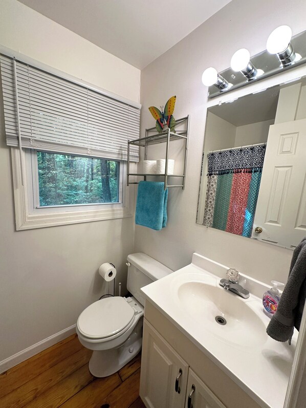 A bathroom with a toilet, sink, and window with blinds. - Bedrooms 2, Bathrooms 1, Sleeps 4 (Linden)