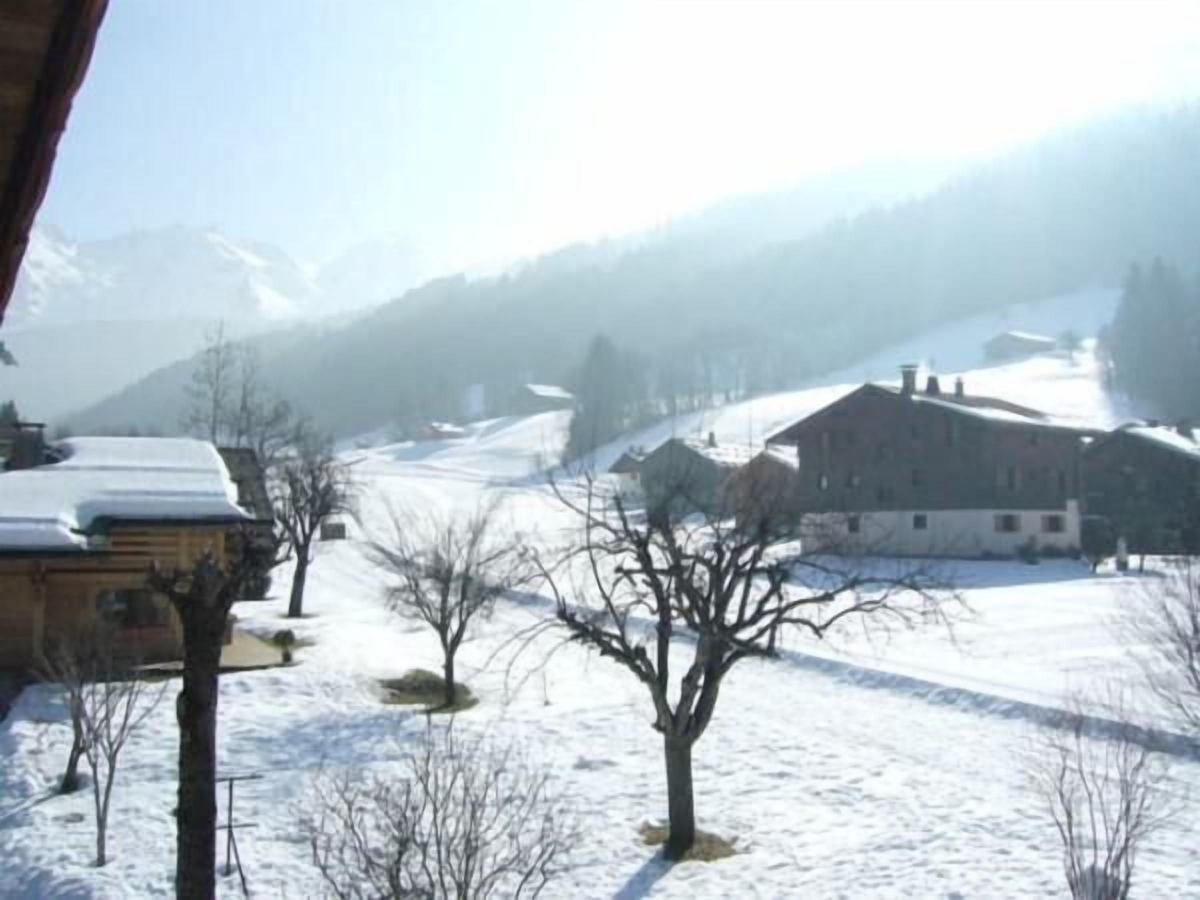 A snowy village with houses and bare trees.