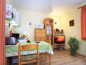 A compact living space with a kitchenette, a dining area, a television, and a potted plant.