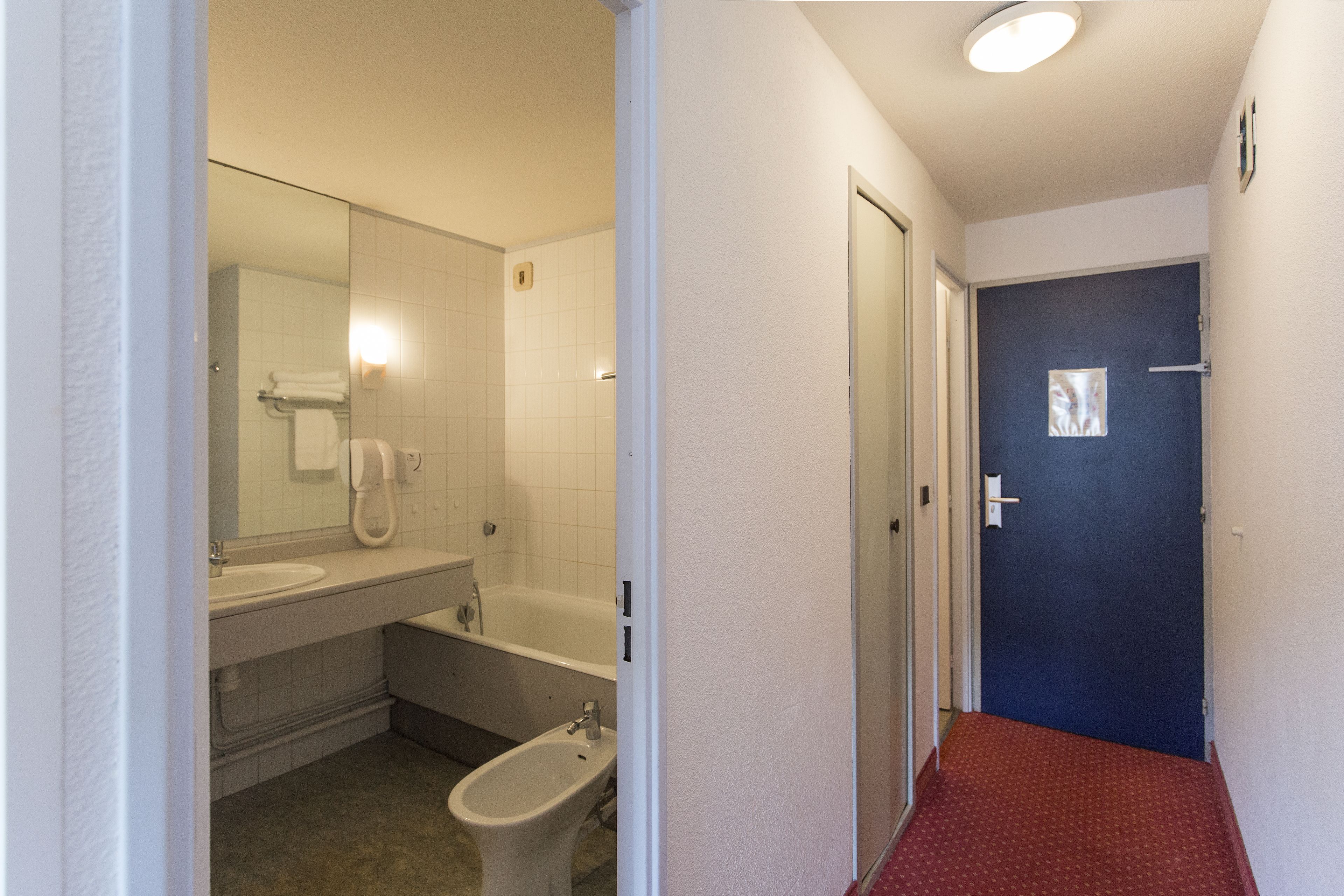 free toiletries, hair dryer, bidet, towels