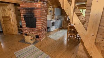 Fridge, microwave, cookware/dishes/utensils