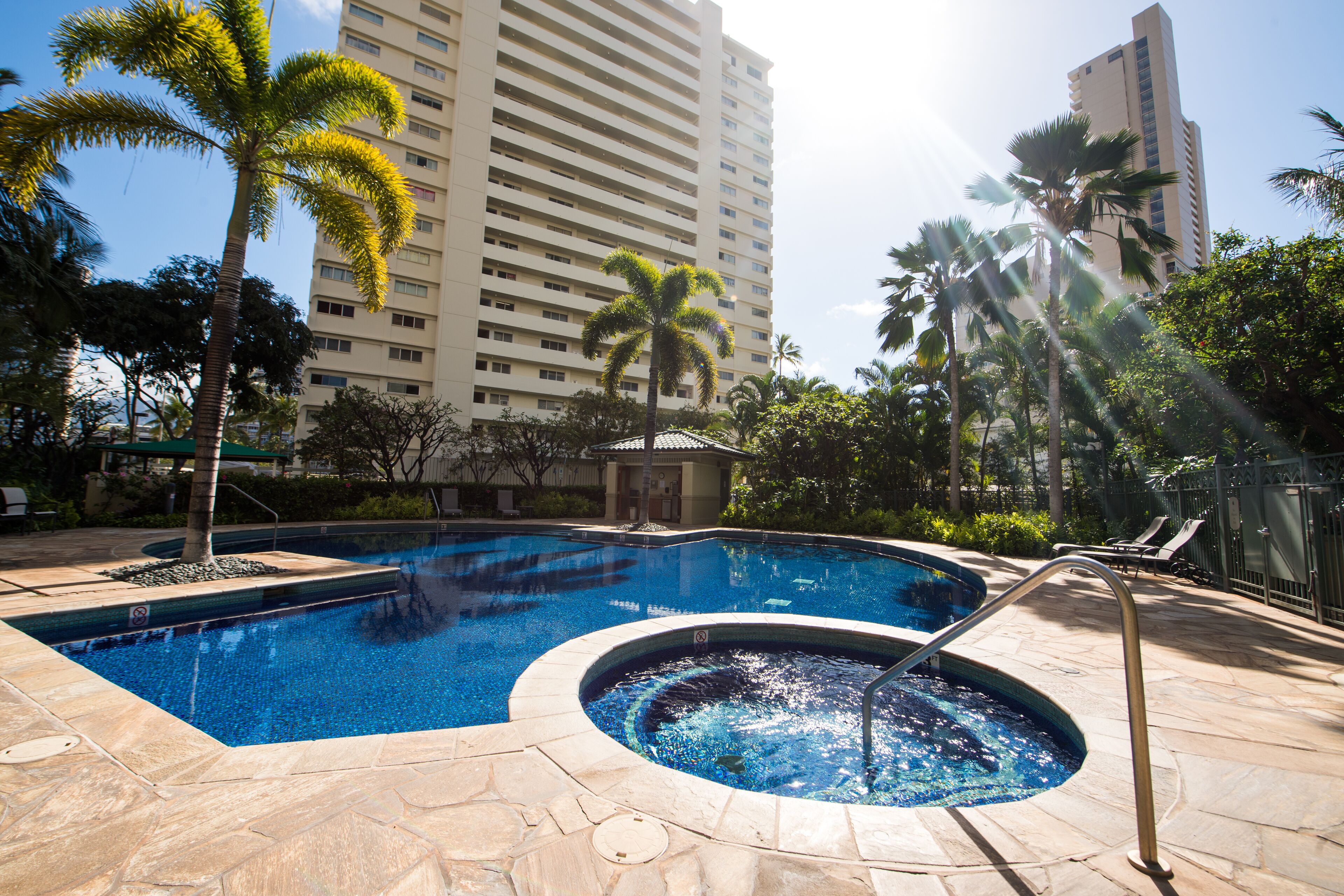 A swimming pool with a hot tub, surrounded by palm trees and a tall building in the background.
