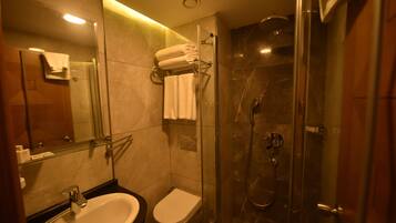 Un baño moderno con ducha de vidrio, un lavabo y un inodoro.