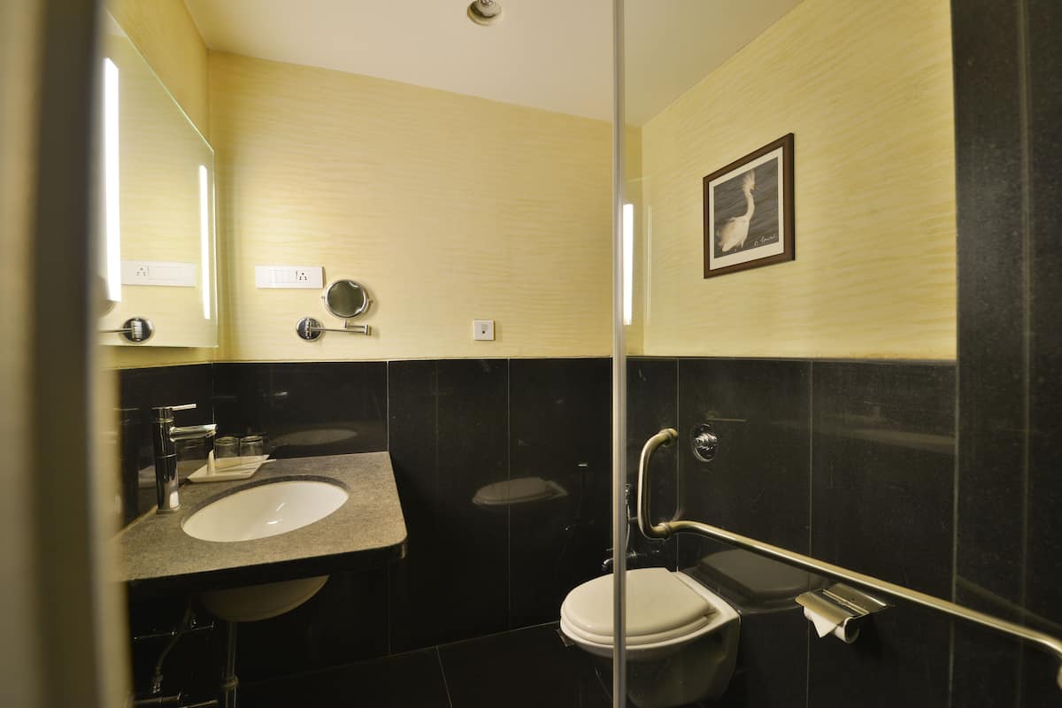 A bathroom with a sink, toilet, and a mirror.