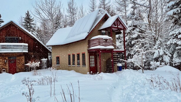 A rustic cabin with a snow-covered roof and a wooden porch. - Newly built quiet studio apartment near Reversing Falls (Blue Hill)