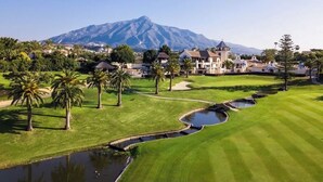 Un parcours de golf avec une montagne en arrière-plan, des palmiers et un étang.