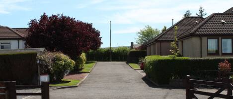 A residential street with houses on either side, a gravel driveway, and a wooden gate at the entrance.