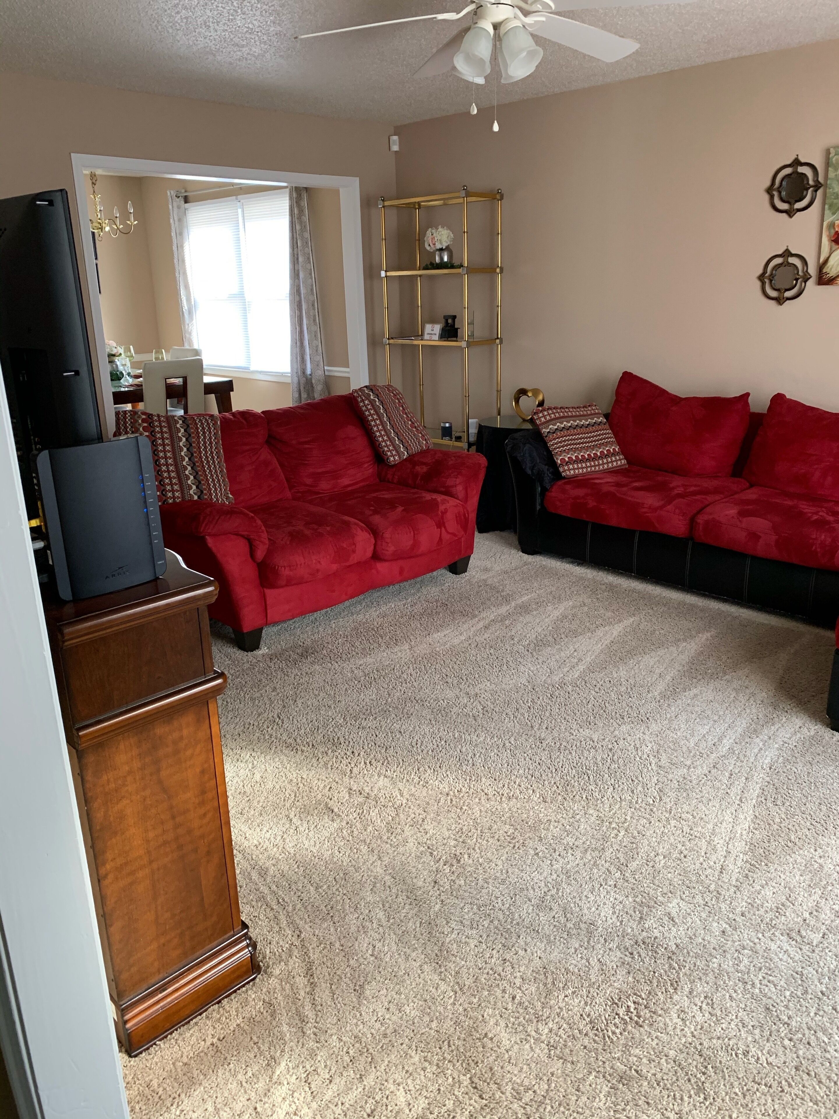 Smart TV, chimenea, libros y estéreo 