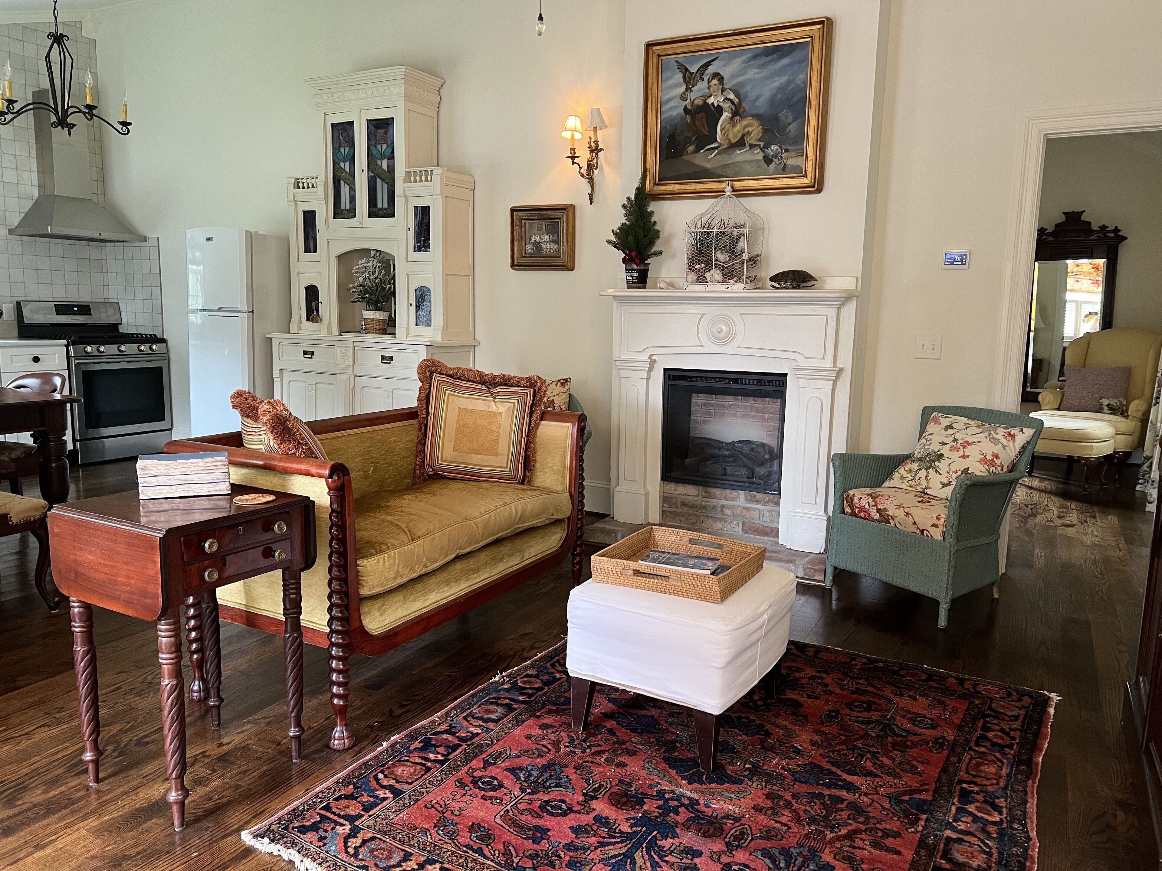 TV, fireplace, books